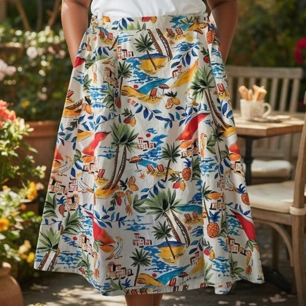St‎ Johns Bay Womens Midi Skirt Multicolor Hawaiian Tropical Scenic Cotton 0X